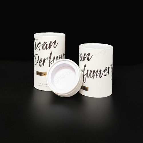 Paper Packaging Debossed White Kraft Paper Black Hot Stamping Cylinder Boxes for Perfume Cosmetic Gift luxury Certified Factory Customizable