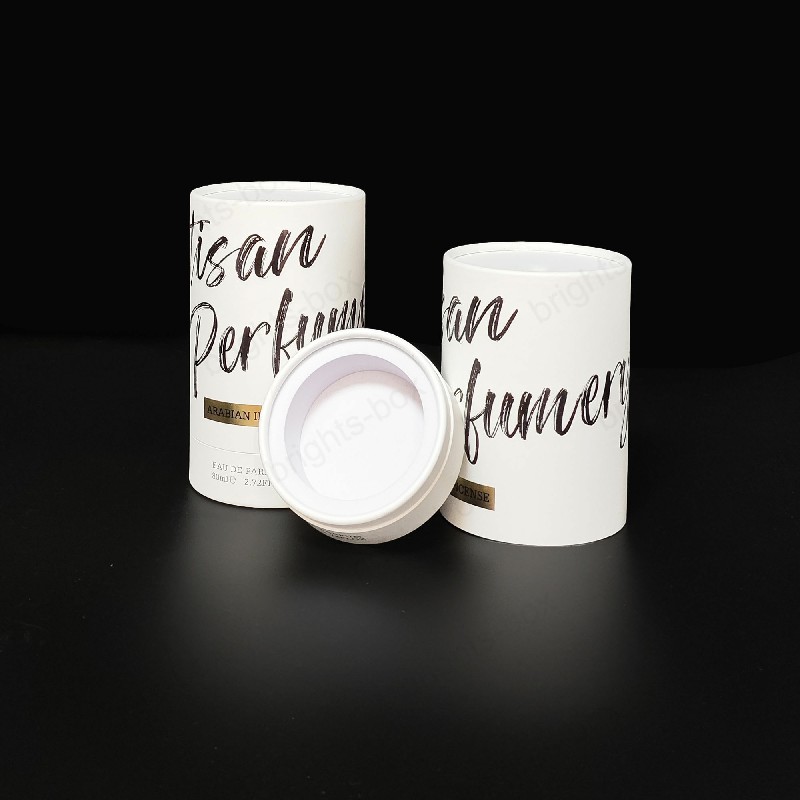 Paper Packaging Debossed White Kraft Paper Black Hot Stamping Cylinder Boxes for Perfume Cosmetic Gift luxury Certified Factory Customizable